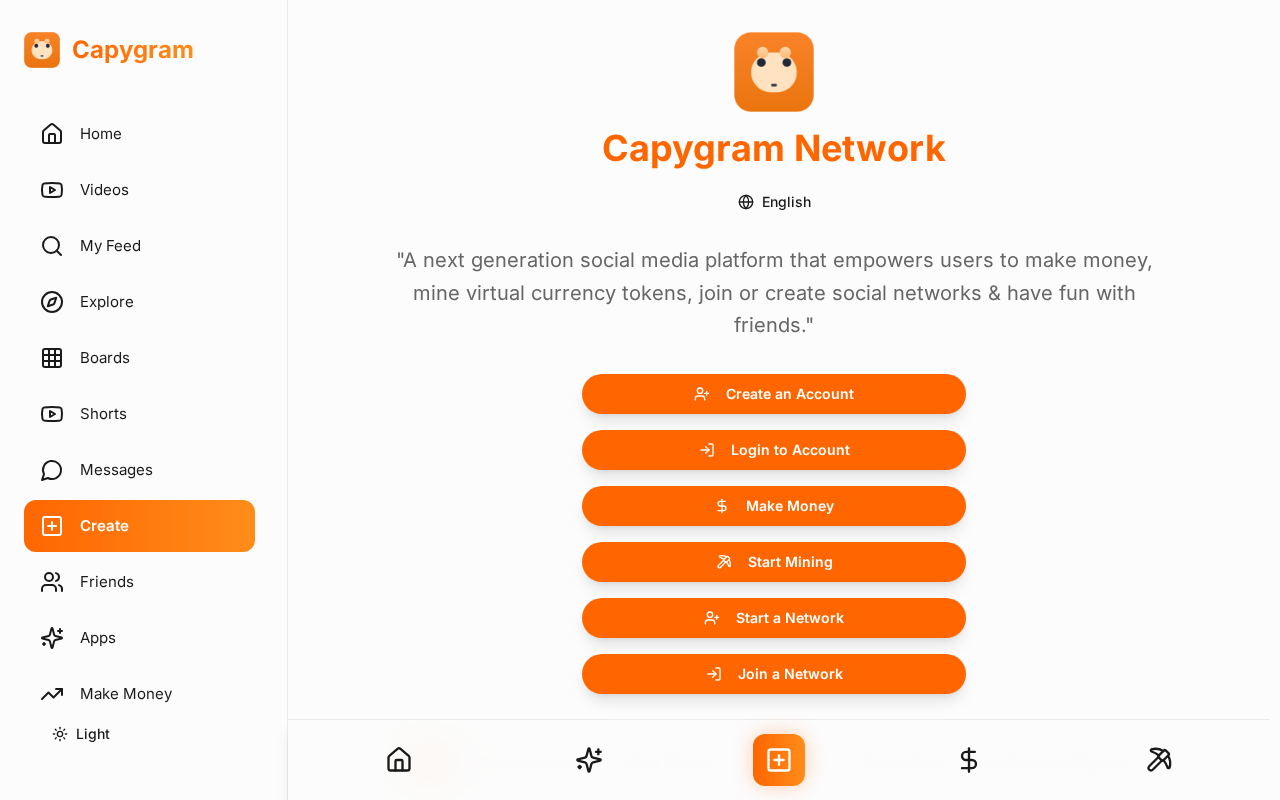Screenshot of the Capygram.com social platform homepage